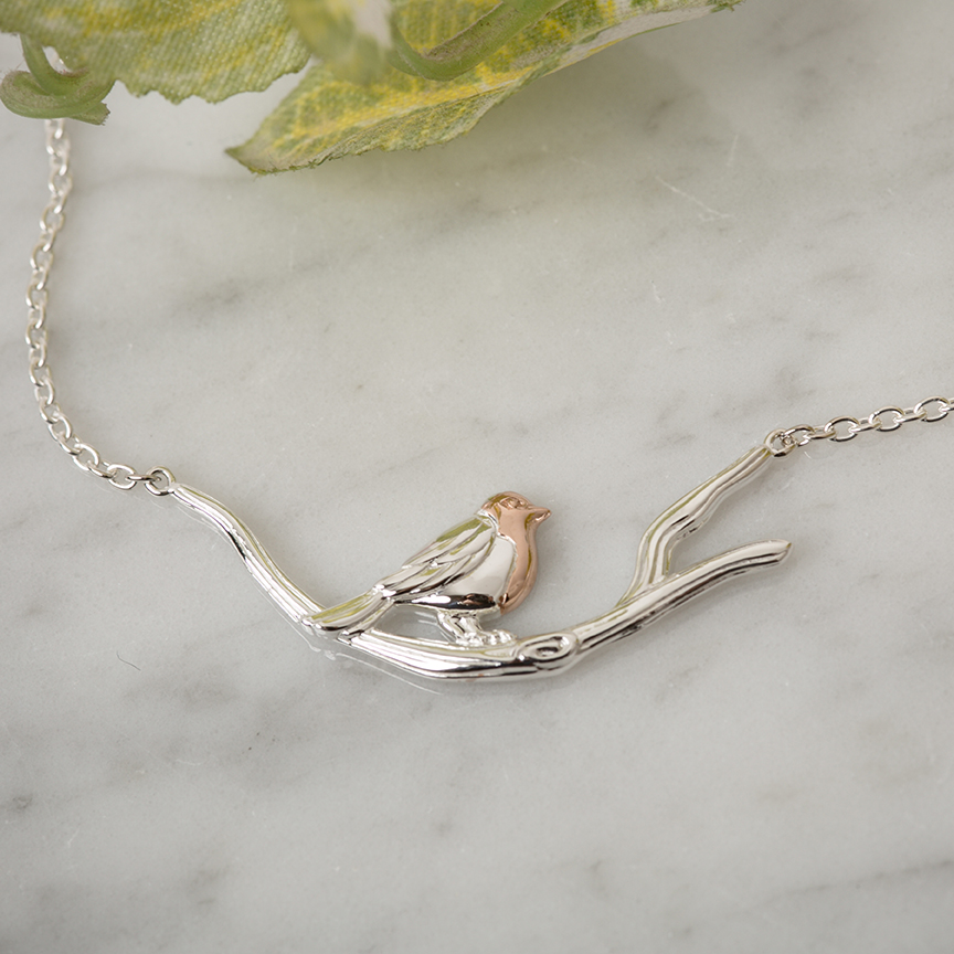 robin on branch necklace
